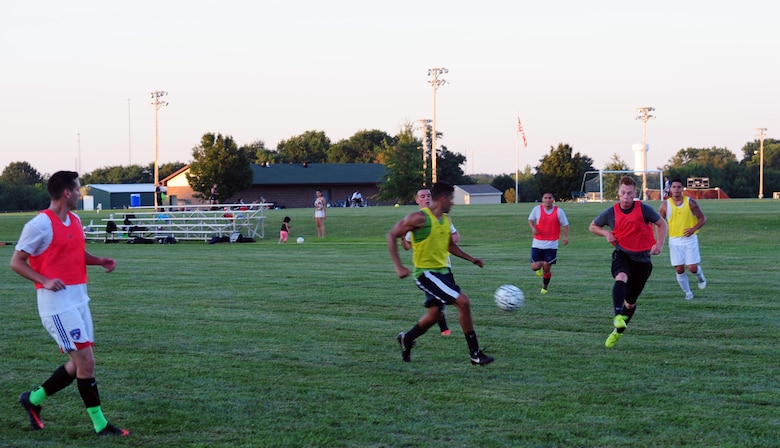 Members of the Sporting Whiteman soccer team participate in a practice session at Cloverdale Complex in Sedalia, Mo., Aug. 12, 2014. The team was preparing for the Defender’s Cup, an Armed Forces soccer tournament, which they scored sixth place in against 36 other teams. (U.S. Air Force photo by Staff Sgt. Nick Wilson/Released)
