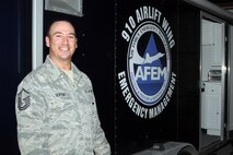 Air Force Reserve Master Sgt. Charles Sexton, 910th Civil Engineer Squadron Noncommissioned Officer in Charge of training and logistics for the Emergency Management Flight, stands in front of the flight’s Emergency Operations Center (EOC) here, Nov. 2, 2014. Sexton was recently named the Air Force Reserve Command (AFRC) Emergency Manager (EM) of the Year for 2014. His design and upgrade communications for the Mobile EOC were one of many major accomplishments qualifying him to win the award. (U.S. Air Force photo/Tech. Sgt. Rick Lisum)