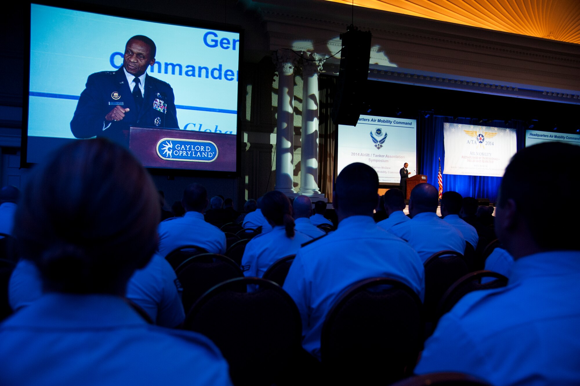 JOINT BASE MCGUIRE-DIX-LAKEHURST, N.J. – Gen. Darren McDew, Air Mobility Command commander, closes ceremonies for the 46th Annual Air Mobility Command’s Airlift/Tanker Association Symposium and Technological Exposition held Oct. 29 - Nov 3. ATA facilitated in-person collaboration for the entire Air Mobility professionals. (U.S. Air Force photo/Staff Sgt. Destinie Berry/RELEASED)