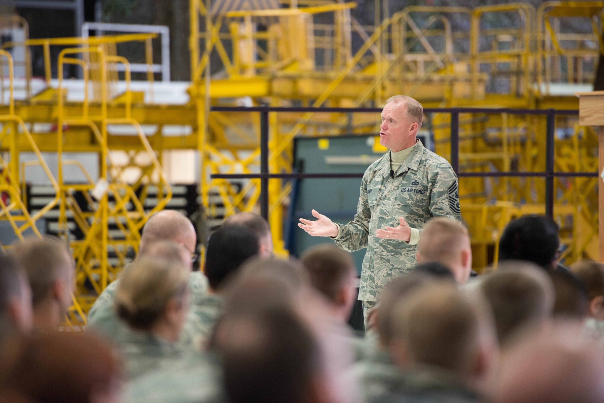 Chief Master Sgt. of the Air Force James A. Cody speaks at an  Airmen's Call at the 934th Airlift Wing Nov. 1. (Air Force Photo/Staff Sgt. Trevor Saylor)