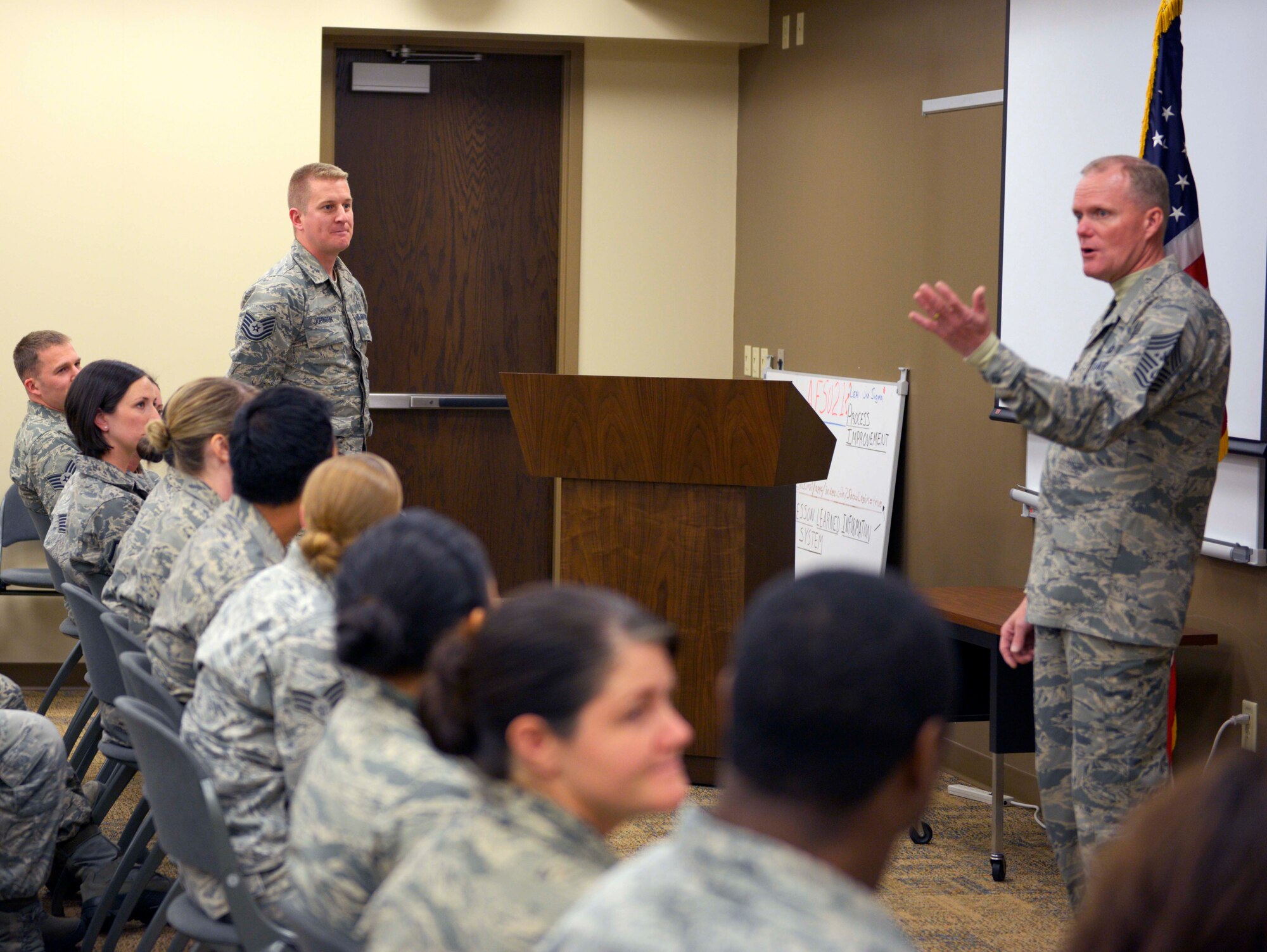 Chief Master Sgt. of the Air Force James A. Cody talks with Airmen from the 934th Aeromedical Staging Squadron Nov. 2. (Air Force Photo/Paul Zadach)