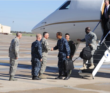 U.S. Navy Adm. Cecil D. Haney, United States Strategic Command commander, is greeted by Air Force Brig. Gen. Glen VanHerck on the Whiteman Air Force Base flight line, Oct. 30, 2014. Adm. Haney visited Whiteman to chair the Bomber Stakeholders Conference, one of several stakeholders meetings held this year.  These forums are designed to assess the health and direction of the Nation's strategic forces, including bomber, intercontinental ballistic missile and submarine forces, and the communication networks and sensors that tie them all together.  
(U.S. Air Force photo by Airman 1st Class Keenan Berry/Released)
