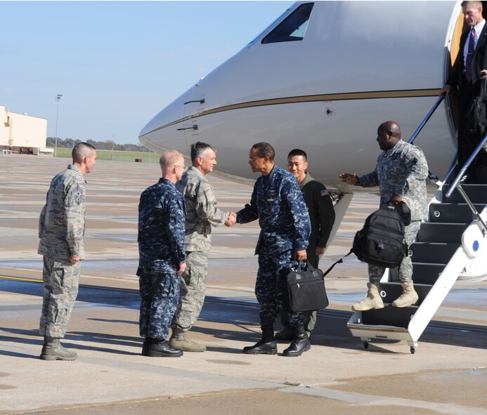 U.S. Navy Adm. Cecil D. Haney, United States Strategic Command commander, is greeted by Air Force Brig. Gen. Glen VanHerck on the Whiteman Air Force Base flight line, Oct. 30, 2014. Adm. Haney visited Whiteman to chair the Bomber Stakeholders Conference, one of several stakeholders meetings held this year.  These forums are designed to assess the health and direction of the Nation's strategic forces, including bomber, intercontinental ballistic missile and submarine forces, and the communication networks and sensors that tie them all together.  
(U.S. Air Force photo by Airman 1st Class Keenan Berry/Released)
