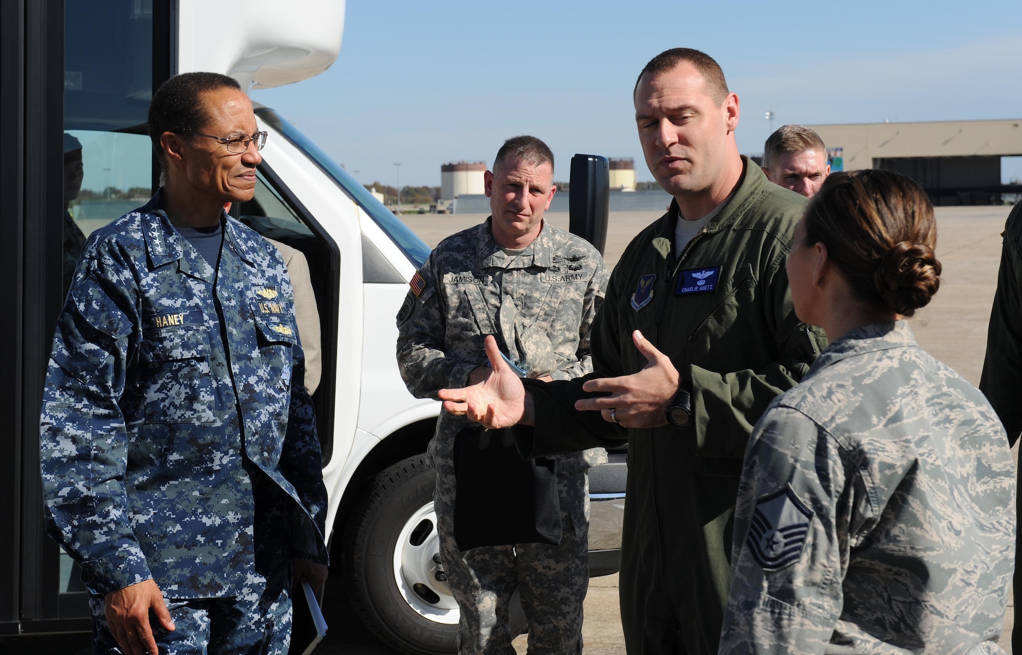 U.S. Navy Adm. Cecil D. Haney, United States Strategic Command commander, speaks with Airmen on the flight line at Whiteman Air Force Base, Oct. 30, 2014.  Adm. Haney visited Whiteman to chair the Bomber Stakeholders Conference, one of several stakeholders meetings held this year.  These forums are designed to assess the health and direction of the Nation's strategic forces, including bomber, intercontinental ballistic missile and submarine forces, and the communication networks and sensors that tie them all together. (U.S. Air Force photo by Airman 1st Class Joel Pfiester/Released)