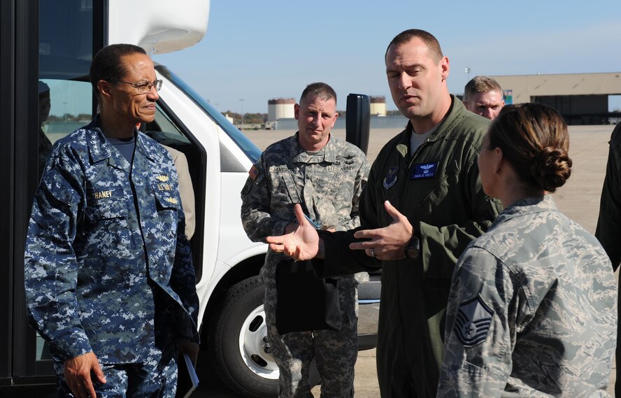 U.S. Navy Adm. Cecil D. Haney, United States Strategic Command commander, speaks with Airmen on the flight line at Whiteman Air Force Base, Oct. 30, 2014.  Adm. Haney visited Whiteman to chair the Bomber Stakeholders Conference, one of several stakeholders meetings held this year.  These forums are designed to assess the health and direction of the Nation's strategic forces, including bomber, intercontinental ballistic missile and submarine forces, and the communication networks and sensors that tie them all together. (U.S. Air Force photo by Airman 1st Class Joel Pfiester/Released)