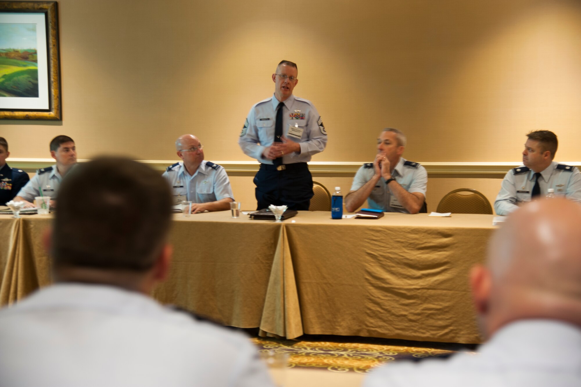 JOINT BASE MCGUIRE-DIX-LAKEHURST, N.J. – Chief Master Sgt. Patrick Marquette, 621st Contingency Operations Support Group superintendent, speaks at the Contingency Response Commander’ Symposium held at the 46th Annual Air Mobility Command’s Airlift/Tanker Association Symposium and Technological Exposition held Oct. 29 - Nov 3. ATA facilitated in-person collaboration for the CRW and allowed the team to discuss the future of the CRW. The CRW operates between two coasts to increase range and response capability requiring unique communication and problem solving. (U.S. Air Force photo/Staff Sgt. Destinie Berry/RELEASED)