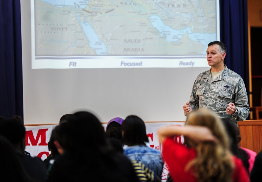 Col. Craig Wills, 39th Air Base Wing commander, conducted the first ever Student Town Hall at the Incirlik Unit School Oct. 28, 2014, Incirlik Air Base, Turkey. Wills spoke on various topics such as the current events in the region, Incirlik’s mission, social media, and the safety of the families and Airmen on Incirlik. (U.S. Air Force photo by Airman Cory W. Bush/Released) 