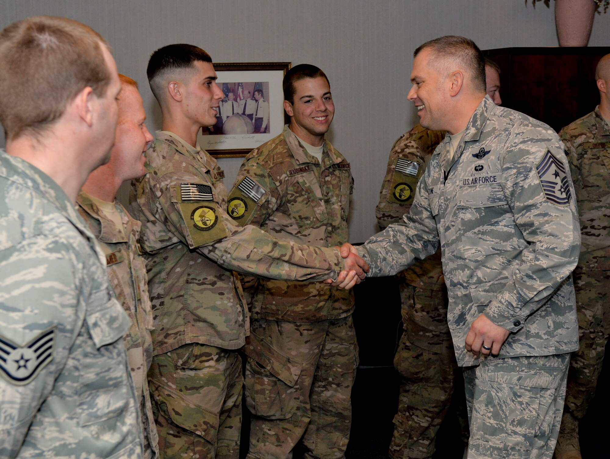 Chief Master Sgt. Tommy Mazzone, 2nd Bomb Wing Command Chief, welcomed Airmen home from a six month deployment on Barksdale Air Force Base, La., Nov. 5, 2014. Mazzone greeted members of the team individually during a reception. (U.S. Air Force photo/Airman 1st Class Mozer O. Da Cunha)