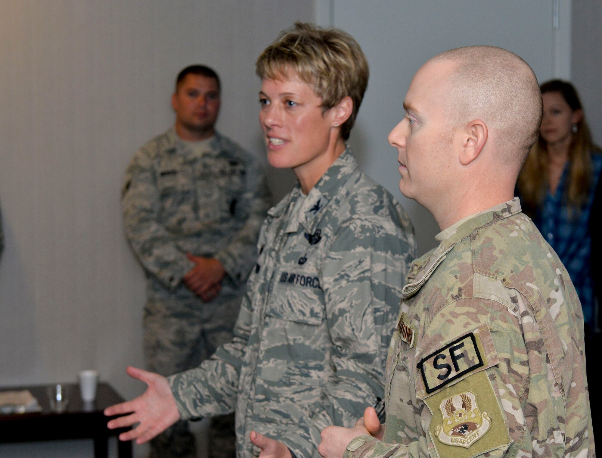Col. Kristin Goodwin, 2nd Bomb Wing commander, addresses Airmen returning home after a six month deployment on Barksdale Air Force Base, La., Nov. 5, 2014. Goodwin welcomed the team back to Barksdale and congratulated them on a successful deployment. (U.S. Air Force photo/Airman 1st Class Mozer O. Da Cunha)