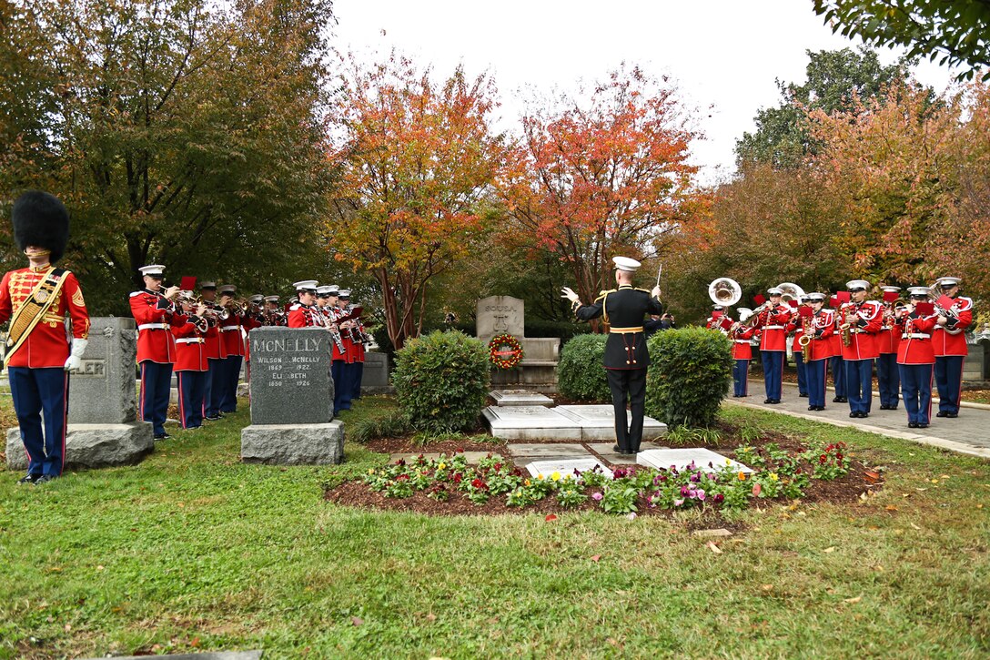 The Marine Band performed a gravesite ceremony honoring the 160th anniversary of its 17th Director John Philip Sousa on Nov. 6, 2014, at Congressional Cemetery in Washington, D.C. (U.S. Marine Corps photo by Staff Sgt. Brian Rust/released)
