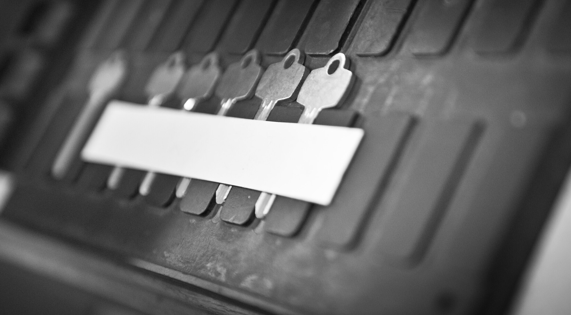 Keys sit on display after being cut with a key combinatory at the 1st Special Operations Civil Engineer locksmith shop on Hurlburt Field, Fla., Nov. 6, 2014. On average, 200 keys are made monthly for any and all of Hurlburt's units. (U.S. Air Force photo/Senior Airman Krystal m. Garrett) 
