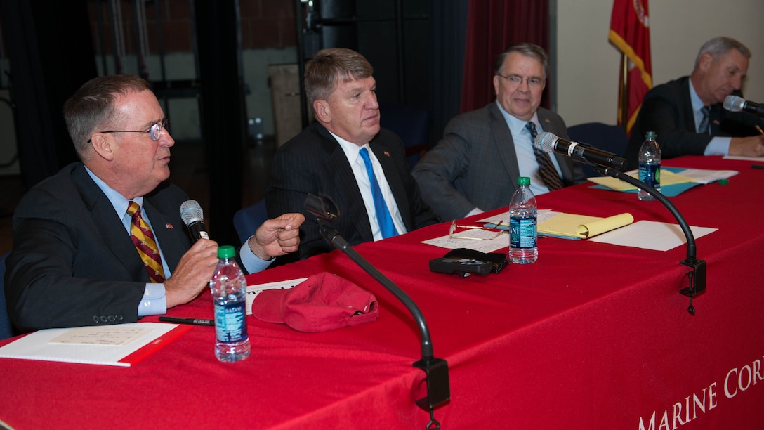 Retired Marine Lt. Gen. John F. Sattler, retired Marine Lt. Gen. Richard F. Natonski, Commanding General of 1st Marine Division from August 2004 to August 2006 Commanding General of I MEF from September 2004 to August 2005, retired Marine Lt. Gen. Keith J. Stalder, Commanding General of 3rd Marine Aircraft Wing from May 2004 to August 2005 and retired Marine Lt. Gen. Richard S. Kramlich, Commanding General of 1st Force Service Support Group from June 2003 to August 2005 participate in The General Graves B. Erskine Distinguished Lecture Series at Marine Corps Base Quantico, Va., on October 30, 2014. The leaders of Operation al-Fajr shared their experiences in a panel discussion with service members of all ranks and some from different countries.