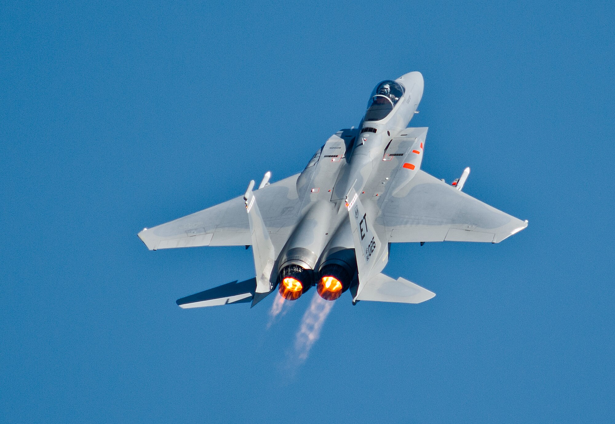 A 40th Flight Test Squadron F-15 Eagle soars upon takeoff for a morning sortie Oct. 23, 2014, at Eglin Air Force Base, Fla. The 40th FTS Airmen fly operational test missions in the F-16 Fighting Falcon, F-15 and A-10 Thunderbolt II. The 40th FTS is a squadron in the 96th Test Wing. (U.S. Air Force photo/Samuel King Jr.)