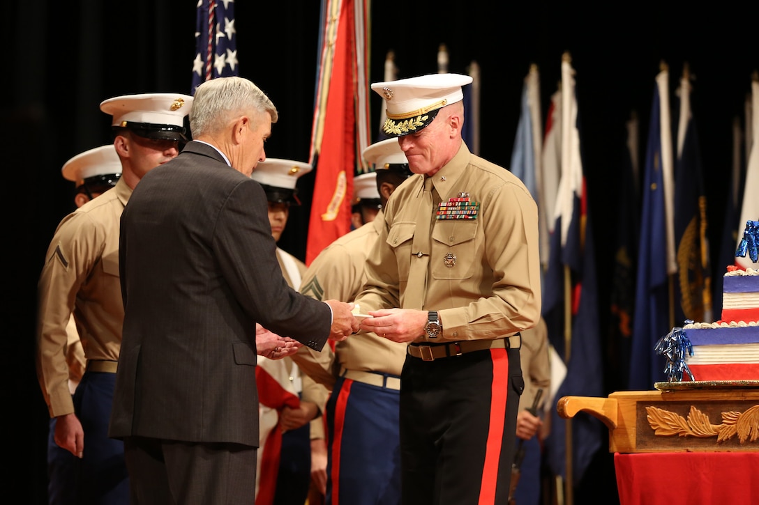 Marine Corps Base Camp Pendleton and I Marine Expeditionary Force hosted a birthday pageant to commemorate the 239th birthday of the Marine Corps at the Base Theater, Nov. 6. The event featured a historical uniform exhibition, a cake cutting ceremony, and a speech from Brig. Gen. Edward Banta, Commanding General, Marine Corps Installations-West.