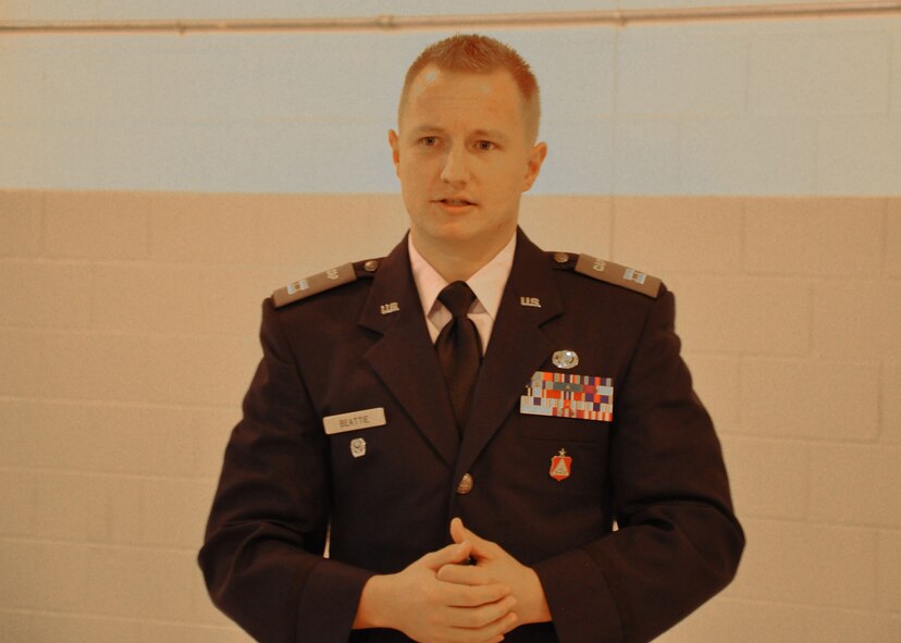 U.S. Air Force Airman 1st Class Andrew Beattie, 27th Special Operations Support Squadron Air Traffic Control apprentice and Civil Air Patrol Captain, thanks everyone after taking command of the High Plains Composite Squadron Nov. 4, 2014 at the Army National Guard Armory. Beattie is excited for the opportunity to lead and grow the squadron. (U.S. Air Force Photo/2nd Lt. Erin Recanzone)