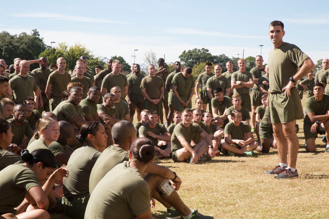 Col. Steven G. Godinho, commanding officer Headquarters Battalion, Marine Forces Reserve, speaks to Marines after the 239th annual Marine Corps birthday motivational run at Marine Corps Support Facility New Orleans, La., Nov. 7, 2014. During the motivational run, Marines ran in formation singing cadences to celebrate the founding of the Corps.