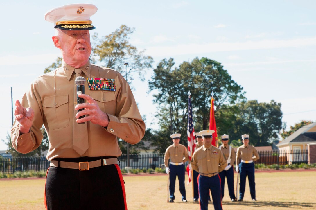Lt. Gen. Richard P. Mills, commander of Marine Forces Reserve, speaks to service members attending the 239th Marine Corps birthday cake cutting ceremony at Marine Corps Support Facility New Orleans, La., Nov. 7, 2014. The Marine Corps was founded Nov. 10, 1775 at Tun Tavern in Philadelphia, Pa. 