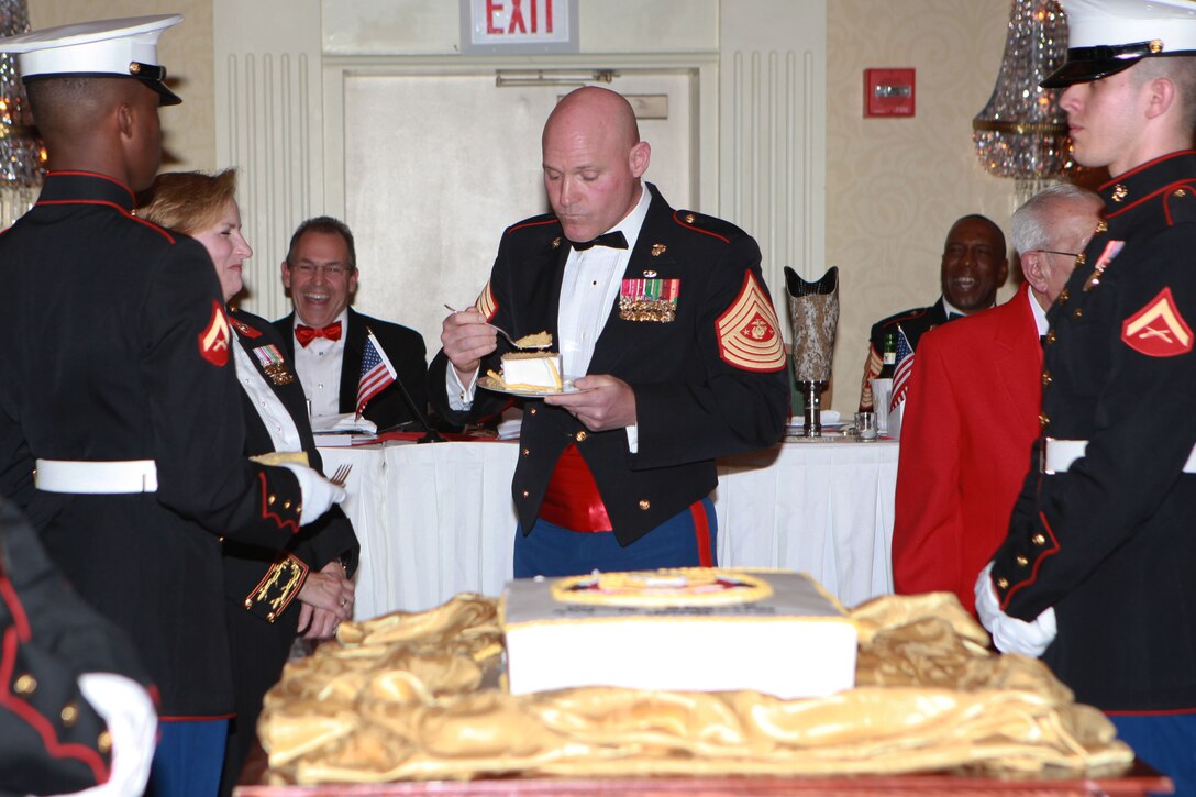 Sgt. Maj. Micheal P. Barrett, the 17th Sergeant Major of the Marine Corps, participates in the Walter Reed Detachment celebration of the Marine Corps’ 239th Birthday at the Marriott Hotel and Resort in Bethesda, Md., Nov. 6, 2014. (U.S. Marine Corps photo by Sgt. Marionne T. Mangrum)