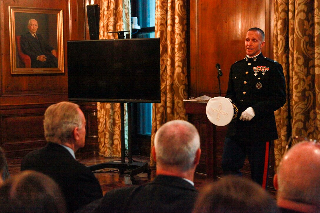 NEW YORK—Col. Stephen Liszewski, the U.S. Marine Corps military fellow to the Council on Foreign Relations, speaks to guests during the Marine Corps birthday celebration at the CFR New York Office Nov. 6. “The Council of Foreign Relations is a think tank based in New York City that focuses on foreign policy and national security issues,” said Liszewski. 