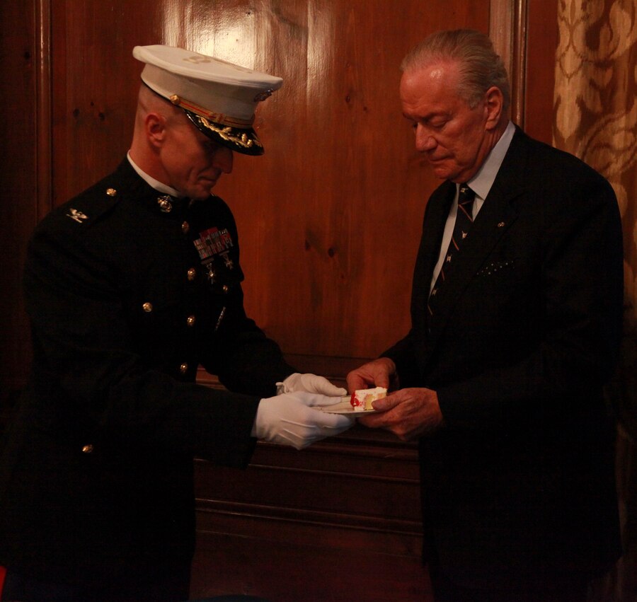 NEW YORK— Col. Stephen Liszewski  presents a piece of cake to Gui Wyser-Pratte, the oldest Marine present, during the Marine Corps birthday celebration with the Council of Foreign Relations Nov. 6. “Tradition and ceremony are important to whom we are and that’s how we instill our timeless virtues from one generation to the next,” said Liszweski, the U.S. Marine Corps military fellow to the Council on Foreign Relations. 