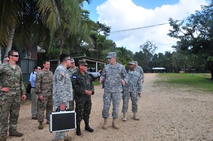 U.S. Southern Command senior leaders met with Honduran military leaders to assess the current security cooperation activities within the Department of Gracias a Dios, Oct. 5. 
U.S. Army Lt. Gen. Ken Tovo, SOUTHCOM military deputy commander and Air Force Brig. Gen. Jose Monteagudo, SOUTHCOM deputy director of operations, was welcomed by Col. Jose Angel Juarez Melendez, commander of the Honduran 5th Infantry Battalion in Mocoron, Honduras. (U.S. Air Force Photo/ Capt. Connie Dillon)