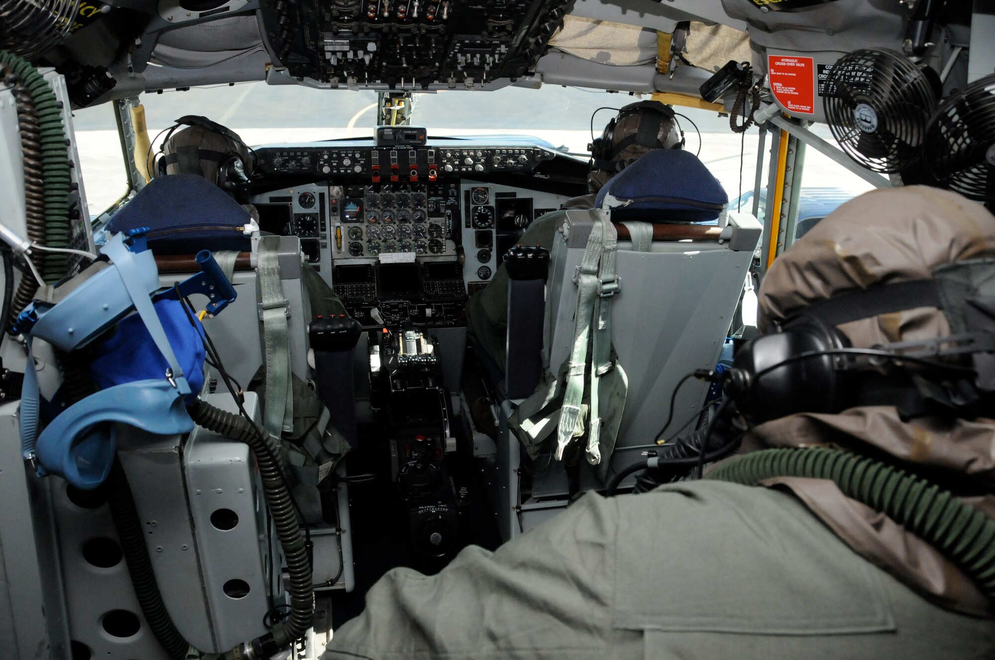 A U.S. Air Force KC-135 Stratotanker flight crew from the 203rd Air Refueling Squadron, Hawaii Air National Guard, wear mission oriented protective posture (MOPP) gear during a Chemical, Biological, Radiological, Nuclear and Explosives (CBRNE) Exercise at Joint Base Pearl Harbor Hickam, Hawaii on Nov. 7, 2014. The 203rd ARS is undergoing mission readiness evaluation under the Commander's Inspection Program (CCIP). (U.S. Air National Guard photo by Airman 1st Class Robert Cabuco)
