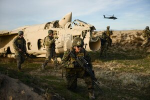1st Air Naval Gunfire Liaison Company joint terminal attack controllers work with Air Force Security Forces during a joint force training event at Saylor Creek Range, Idaho, Nov. 5, 2014. Marines and Airmen worked closely during ground missions throughout the Capstone Training Event. (U.S. Air Force photo by Airman 1st Class Malissa Lott/RELEASED)
