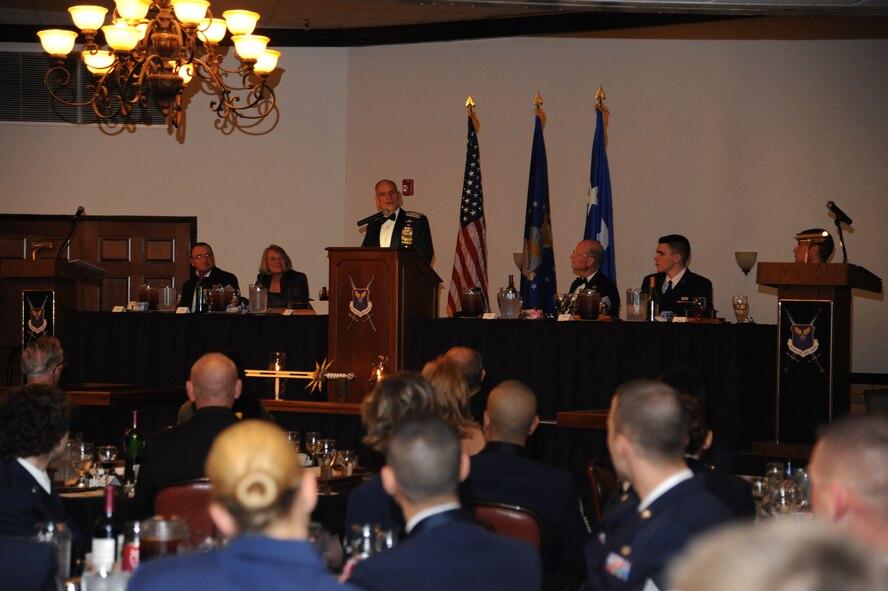 Lt. Gen. James Kowalski, deputy commander of U.S. Strategic Command, speaks to attendees of Air Force Global Strike Command’s inaugural Order of the Sword induction ceremony at Barksdale Air Force Base, La., Nov. 6, 2014. Kowalski, who served as commander of AFGSC from Jan. 2011 to Oct. 2013, was chosen by the enlisted corps to become the first inductee of the Order for his significant contributions to the welfare and prestige of the Air Force enlisted force and mission effectiveness. (U.S. Air Force photo by Senior Airman Jannelle Dickey/Released)