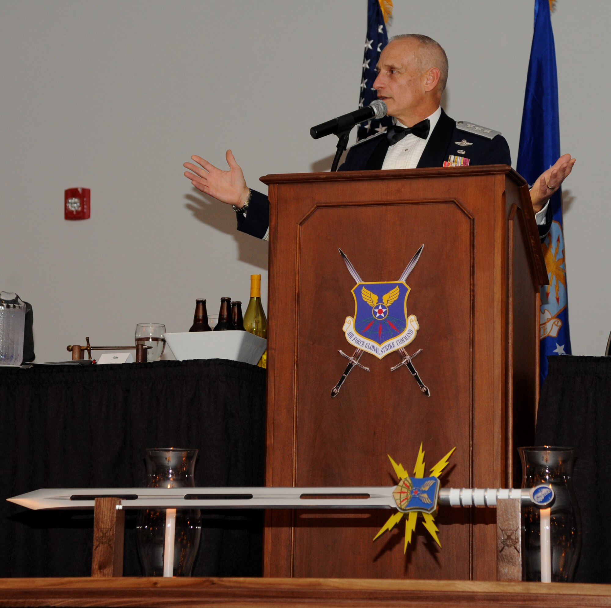 Lt. Gen. James Kowalski, deputy commander of U.S. Strategic Command, speaks to attendees of Air Force Global Strike Command’s inaugural Order of the Sword induction ceremony at Barksdale Air Force Base, La., Nov. 6, 2014. Kowalski, who served as commander of AFGSC from Jan. 2011 to Oct. 2013, was chosen by the enlisted corps to become the first inductee of the Order for his significant contributions to the welfare and prestige of the Air Force enlisted force and mission effectiveness. (U.S. Air Force photo by Airman 1st Class Joseph Raatz/Released)