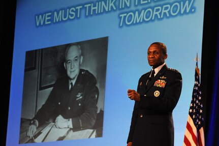 Gen. Darren McDew, Air Mobility Command commander, talks about the Airmen, global mobility, and the Air Force core values during the Airlift/Tanker Association Conference and Symposium Nov. 1, 2014, in Nashville, Tenn. Air Mobility Command's mission is to provide rapid, global mobility and sustainment for America's armed forces. The command also plays a crucial role in providing humanitarian support at home and around the world. (U.S. Air Force photo/Senior Airman Tristin English)