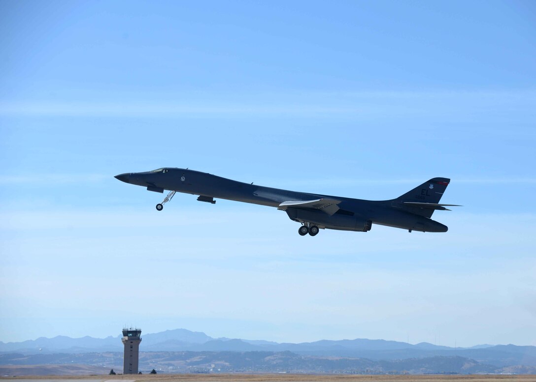 A B-1 bomber takes off from Ellsworth Air Force Base, S.D., to participate in Green Flag 15-2 Nov. 6, 2014. Several B-1 bombers are taking part in the two-week exercise at Nellis Air Force Base, Nev. to practice war-fighting capabilities in preparation for future deployments. (U.S. Air Force photo by Airman 1st Class Rebecca Imwalle/Released)