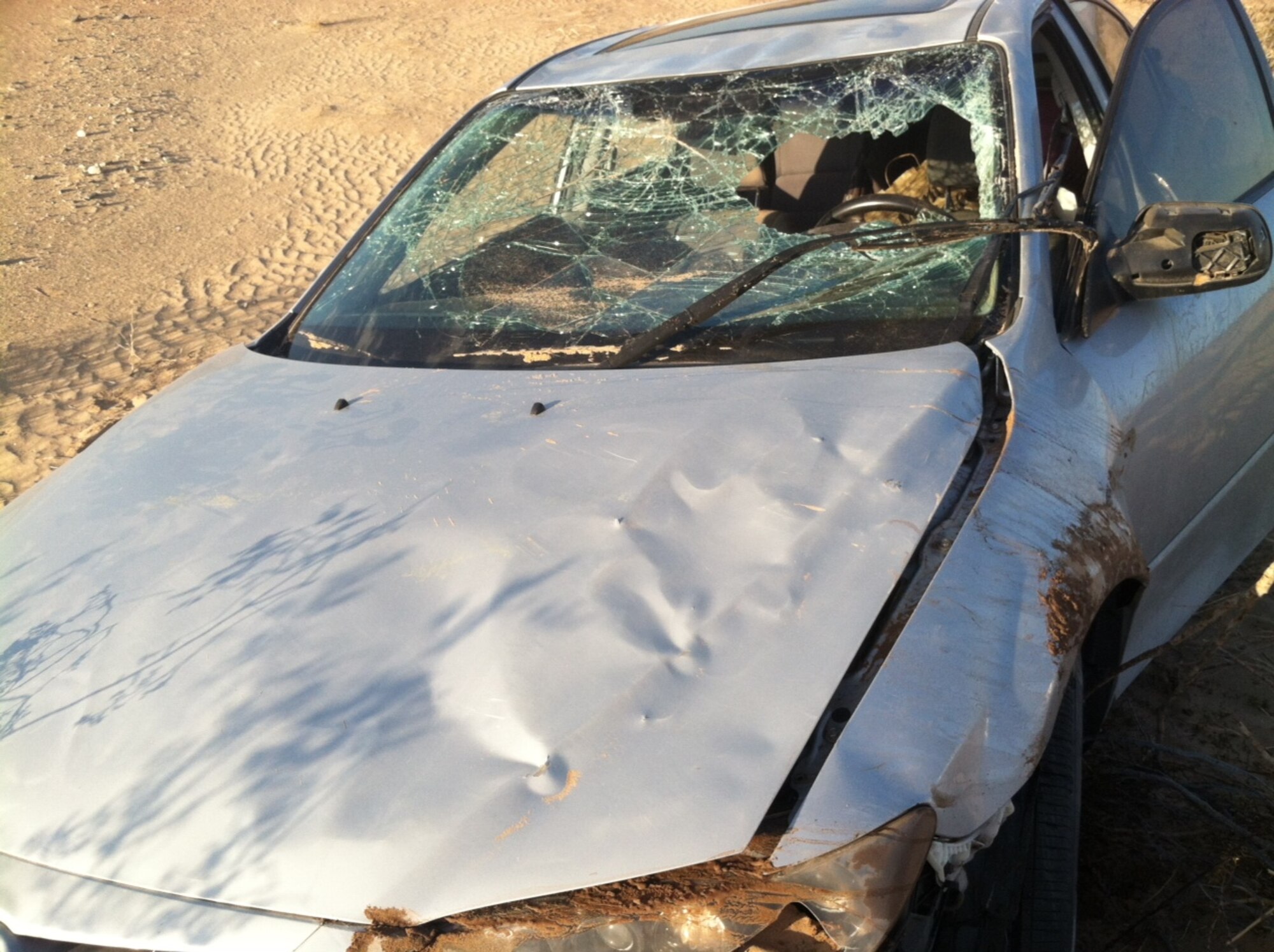 The driver of this car, a senior airman assigned to Luke Air Force Base, Ariz., crashed while heading back to his base. He credits seatbelts and a child safety seat with saving the occupants from serious injury. The 10th Air Base Wing here will host a driving safety forum Nov. 20 at the Community Center Theatre for Academy Airmen.l(Courtesy photo)