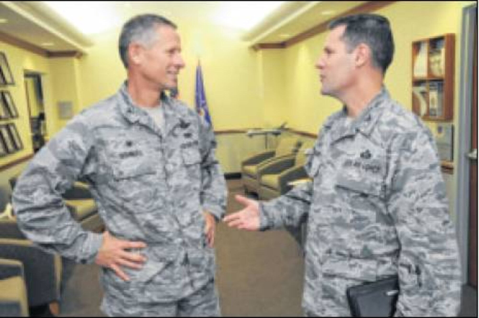 Col. John Devillier, 88th Air Base Wing commander, (right) and Col. Gregory Schnulo, 178th Wing commander, meet at Springfield Air National Guard Base on Oct. 29. Leaders from the 88th visited Springfield to gain a better understanding of the 178th Wing’s missions and strengthen their existing partnership. (Ohio Air National Guard photo by Senior Master Sgt. Joseph Stahl)