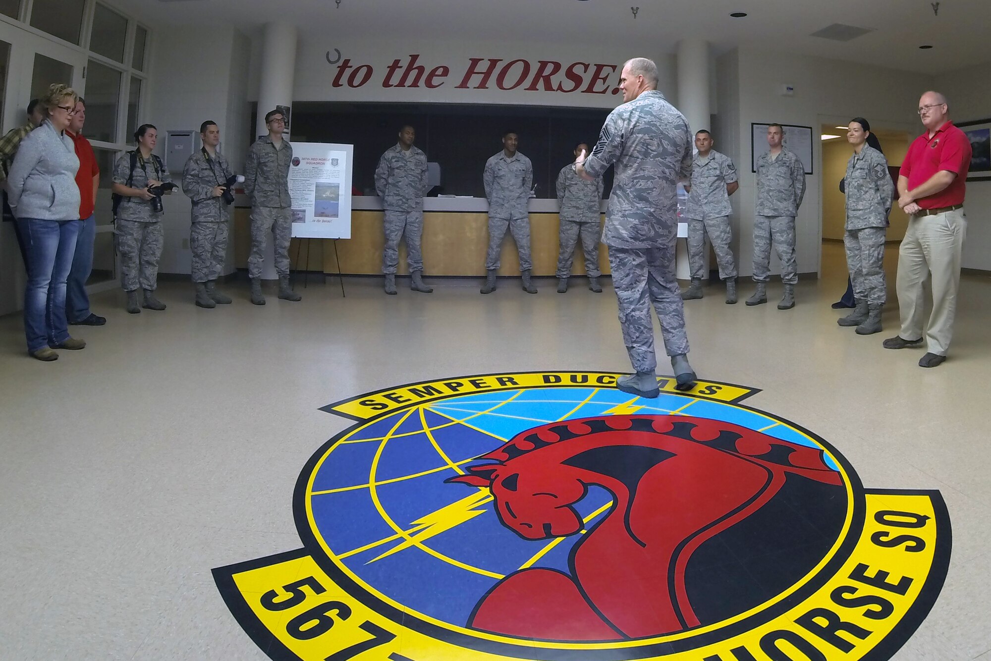 Chief Master Sgt. of the Air Force James Cody speaks with Airmen from the 567th Red Horse Squadron, while visiting Seymour Johnson Air Force Base, North Carolina, Oct. 10. During the visit, Cody spent time with Airmen of the 916th Air Refueling Wing and its Total Force Associate partner, the 911th Air Refueling Squadron. (U.S. Air Force photo/MSgt. Wendy Lopedote)
