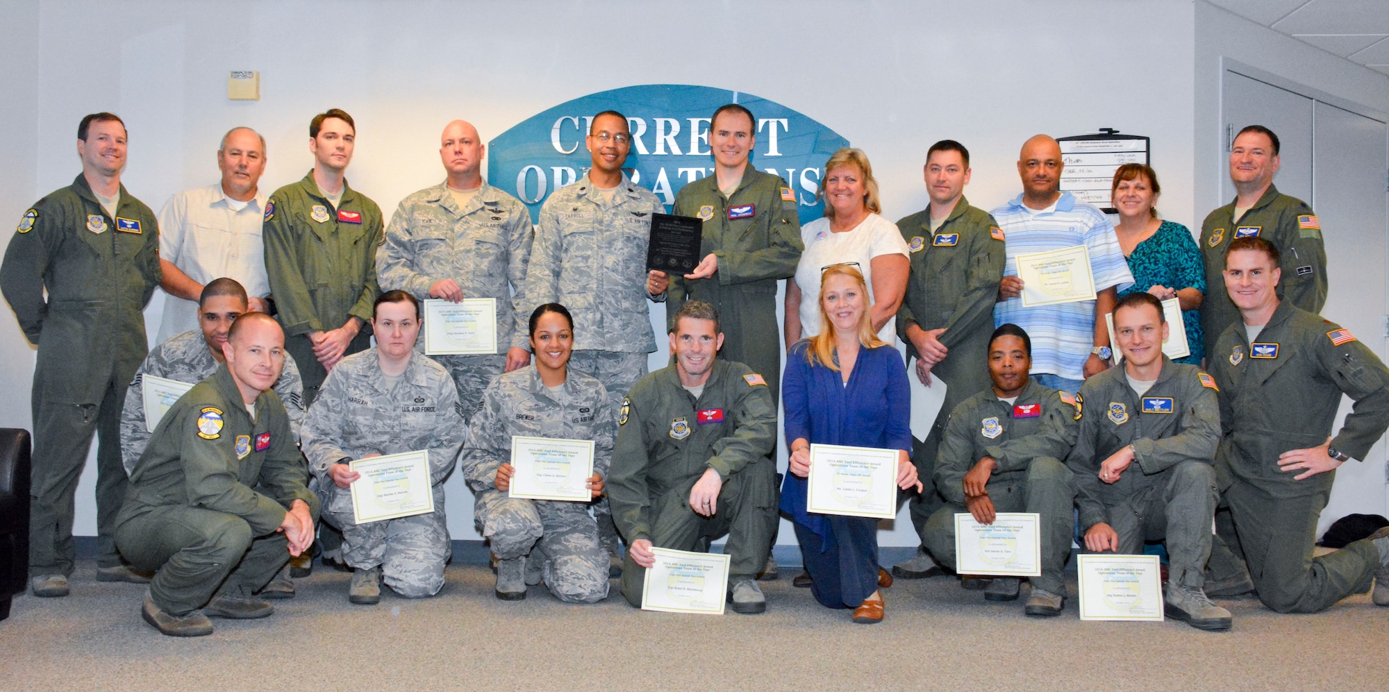The 60th Operations Squadron Current Operations Flight poses for a photo Saturday at Travis Air Force Base, Calif. They received the 2014 Air Mobility Command Aviation Fuel Efficiency Operation Team of the Year award due to their dedication to innovation and efficiency saving the Air Force approximately $22 million in operation costs and 1.7 million gallons of fuel. (U.S. Air Force photo by Airman 1st Class Amber Carter)