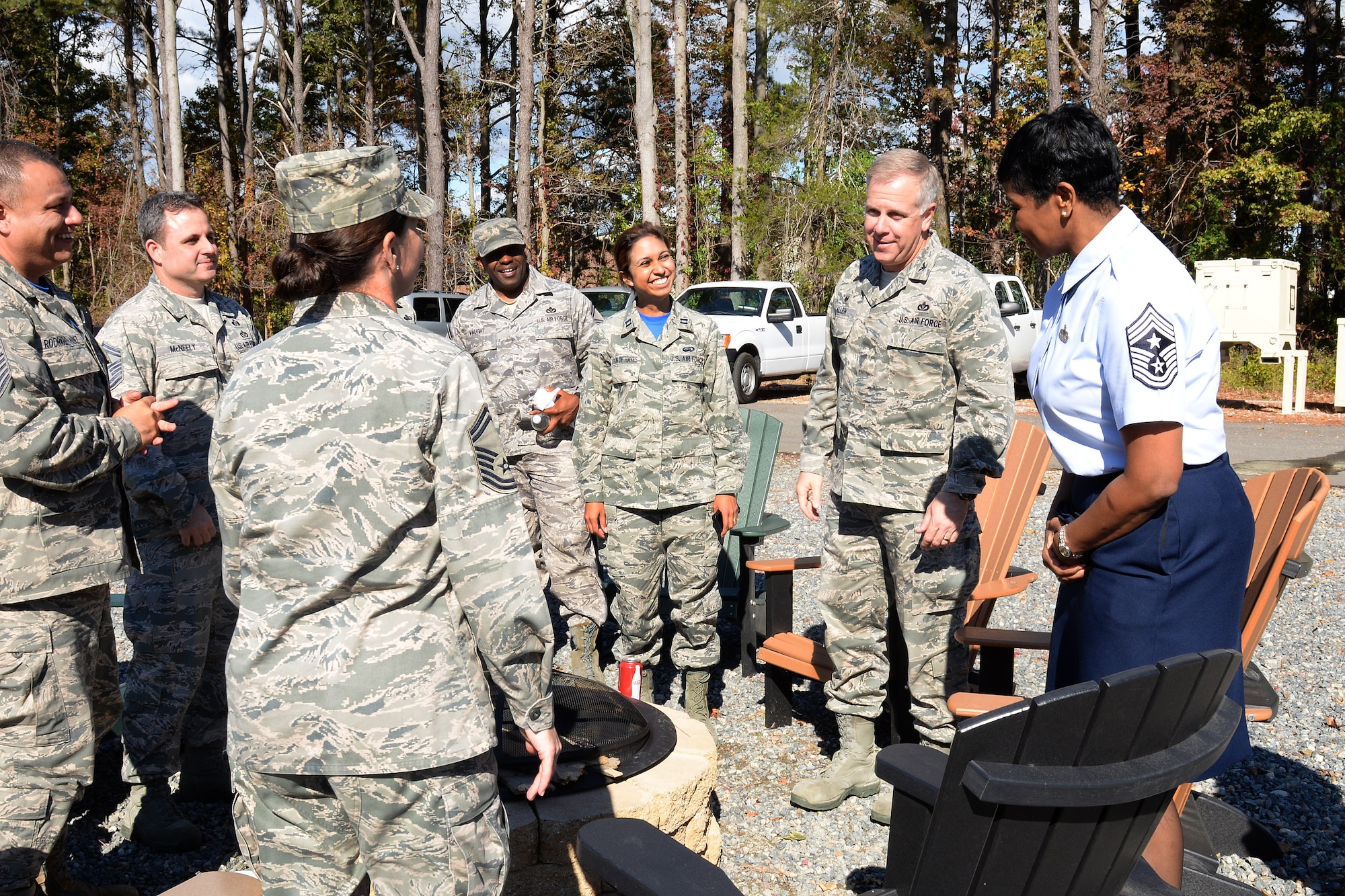 U.S. Air Force Col. John J. Allen, Jr., 633rd Air Base Wing commander and Chief Master Sgt. Trae King, 633rd ABW command chief, thank Airmen for their hard work during an appreciation barbeque at the Langley Transit Center at Langley Air Force Base, Va., Nov. 7, 2014.  The LTC was constructed from a pre-existing expeditionary training center, historically used during operational readiness exercises, inspections and expeditionary training scenarios. (U.S. Air Force photo by Staff Sgt. Teresa J. Cleveland)