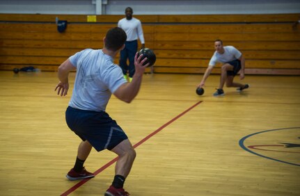 Joint Base Charleston Airmen participate in the monthly fitness challenge Nov. 7, 2014, at the Air Base fitness center on Joint Base Charleston, S.C.  The monthly fitness challenge is a 628th Air Base Wing initiative intended to encourage teamwork and camaraderie as part of Comprehensive Airmen Fitness. (U.S. Air Force photo/Airman 1st Class Clayton Cupit)