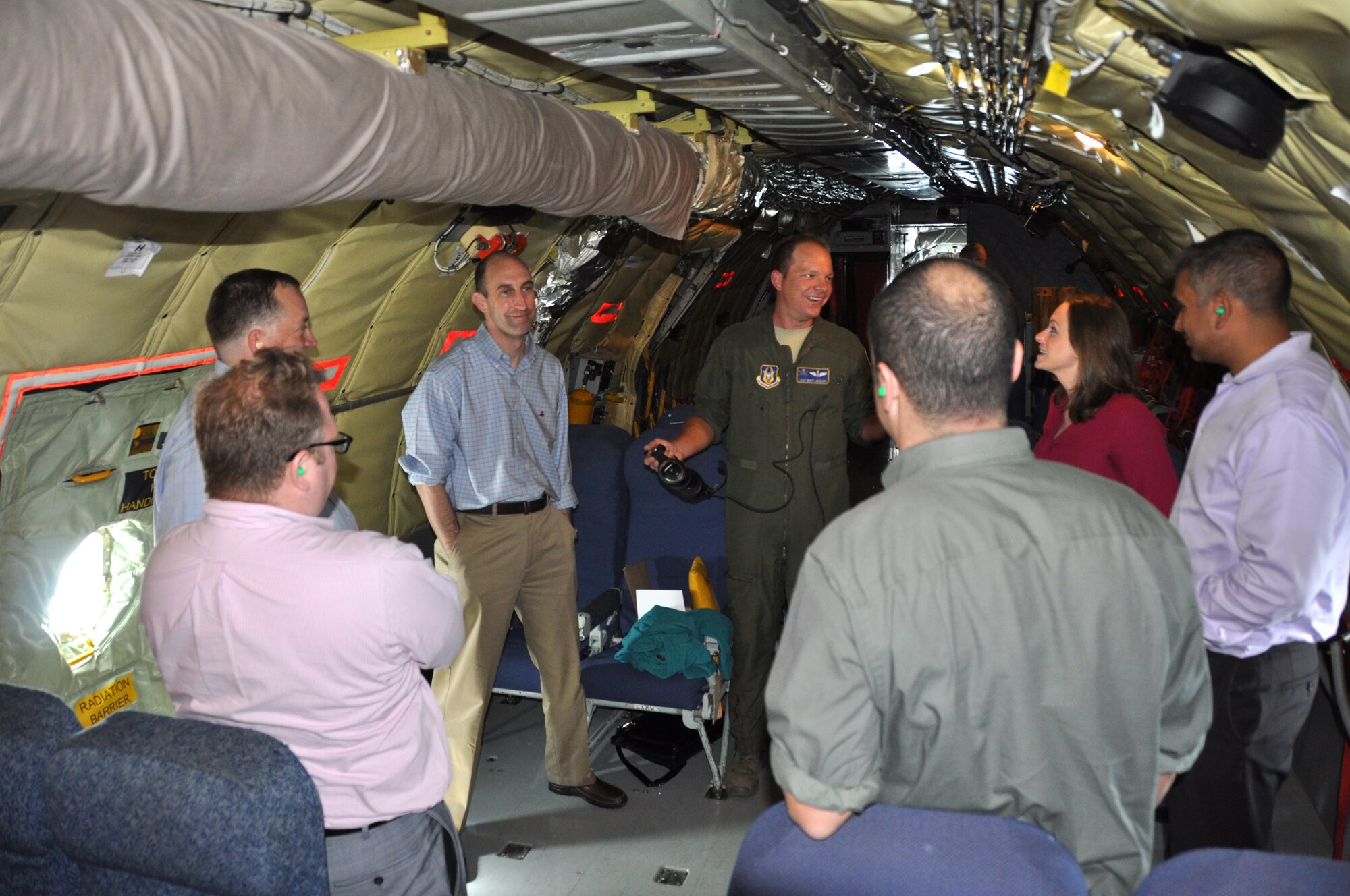 U.S. Air Force Tech Sgt. Matt Janson, 63 ARS, explains the role of a boom operator on a KC-135 Stratotanker to congressional staffers visiting Florida’s Air Force Reserve wings, Nov 6. The tour was part of an Air Force Reserve initiative to educate congressional staffers on the benefits and value the Reserve provides the nation. (U.S. Air Force Photo/Capt Joe Simms)