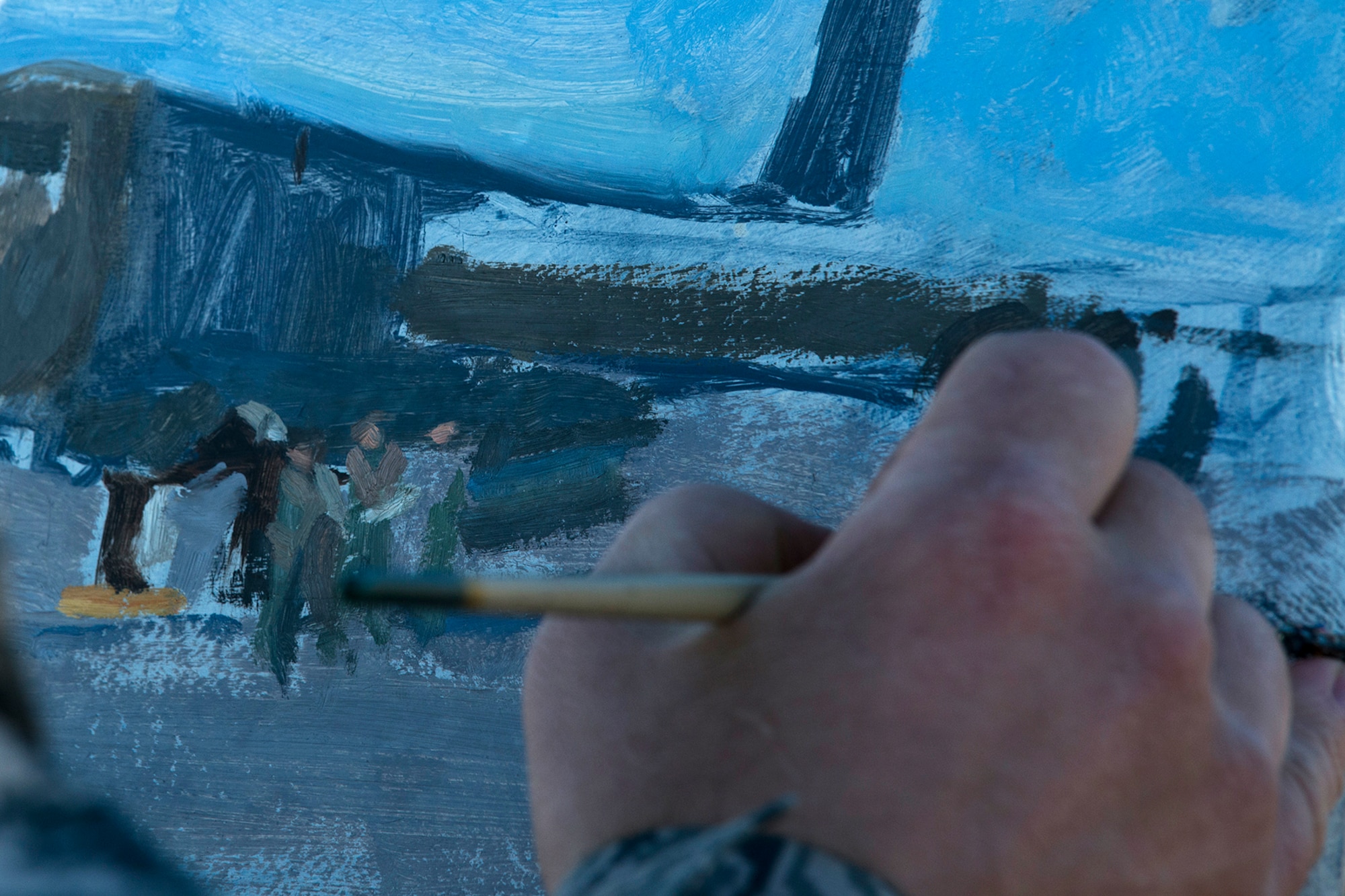 U.S. Air Force Maj. Warren Neary paints the highlights, shadows, and mid-tones of a scene for an Air Force art project, Nov. 2, 2014, Barksdale Air Force Base, La. Neary is an Individual Mobilization Augmentee for the Air Force Space Command history office and an artist for the Air Force Art Program. (U.S. Air Force photo by Master Sgt. Greg Steele/Released)