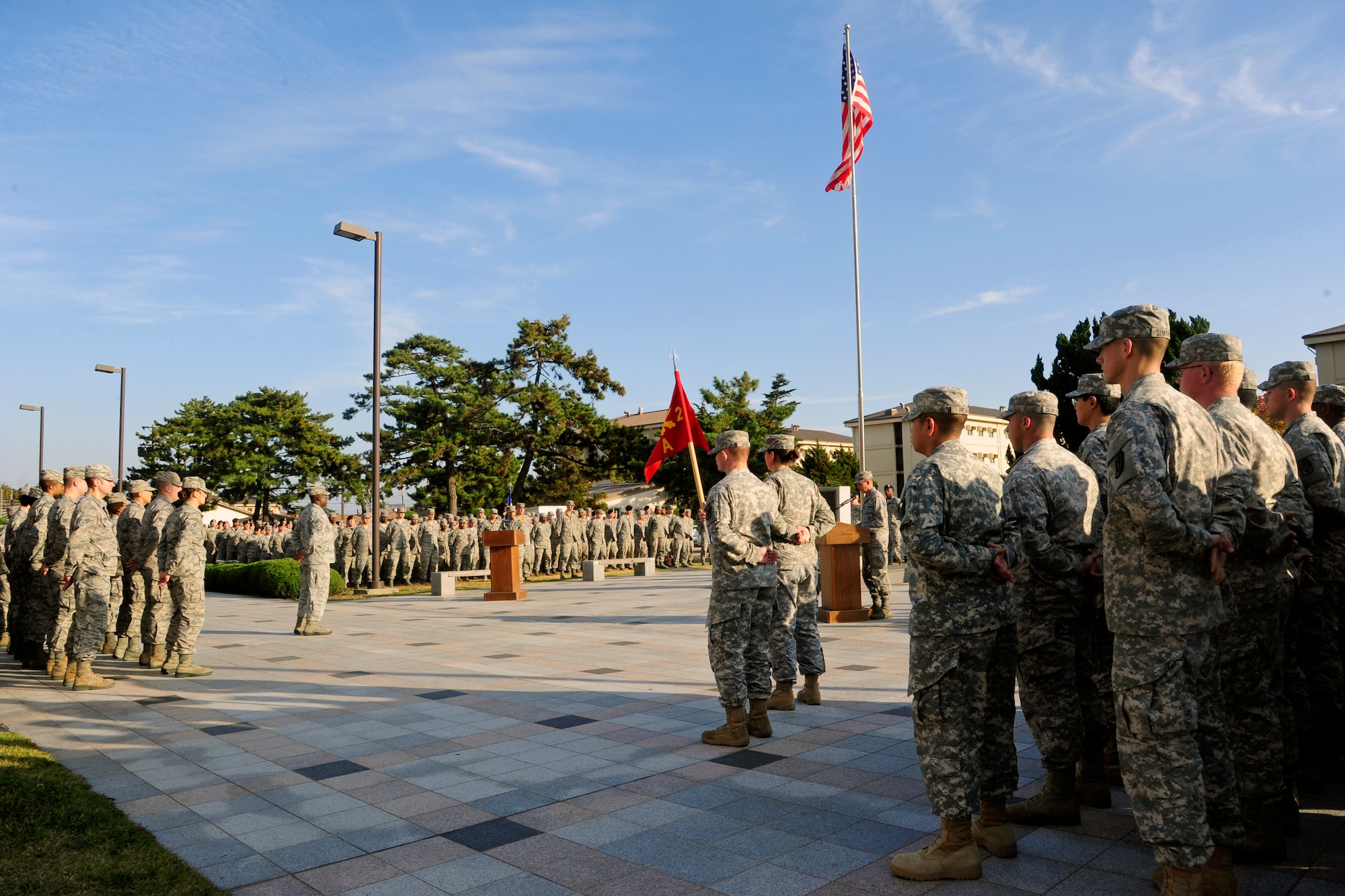 Col. Ken “Wolf” Ekman, 8th Fighter Wing commander, addresses the Wolf Pack during a retreat ceremony at Kunsan Air Base, Republic of Korea, Nov. 7, 2014. Approximately 500 Kunsan Airmen and Soldiers attended the ceremony in honor of Veterans Day. (U.S. Air Force photo by Senior Airman Taylor Curry/Released)