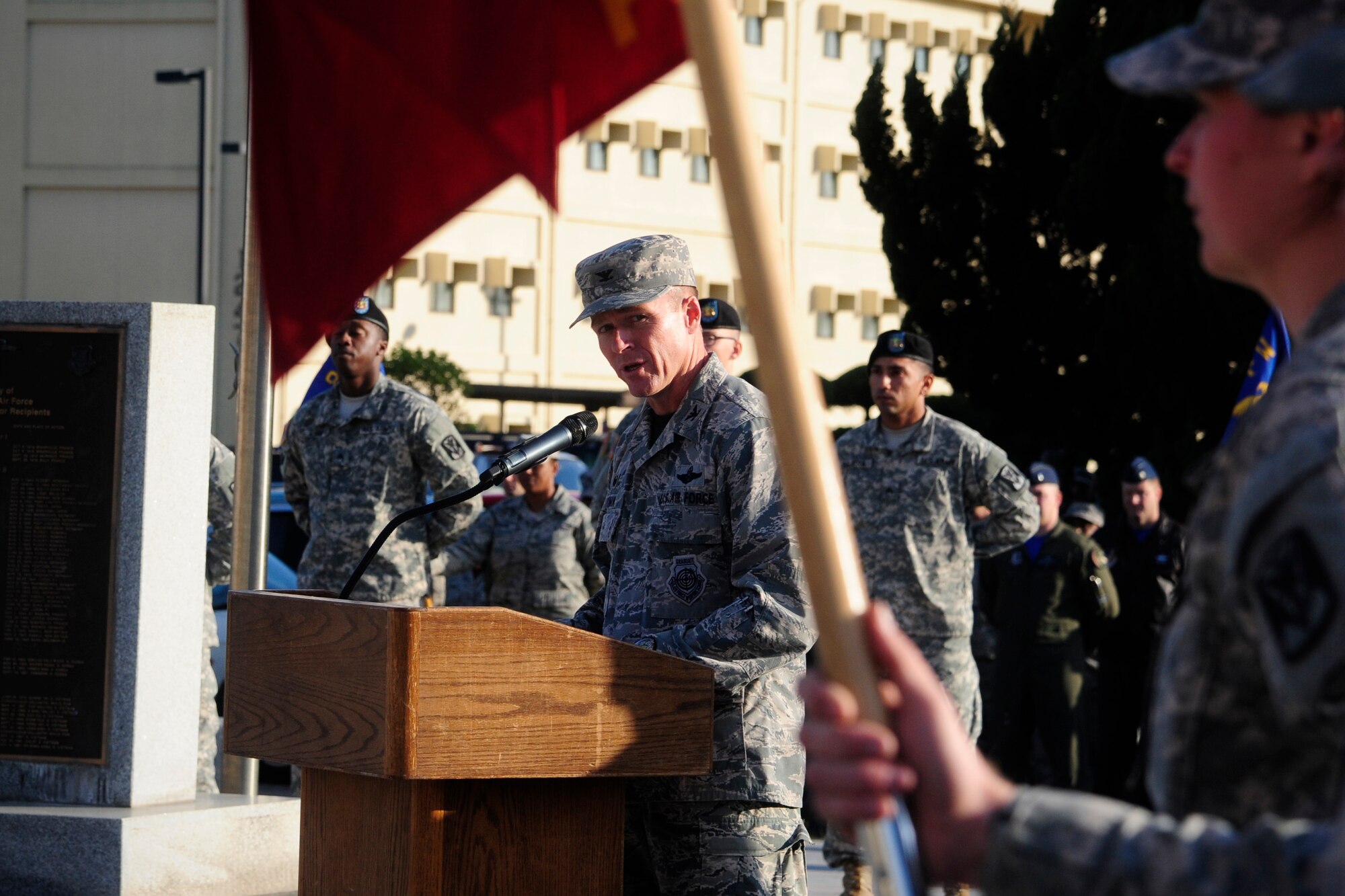 Col. Ken “Wolf” Ekman, 8th Fighter Wing commander, addresses the Wolf Pack during a retreat ceremony at Kunsan Air Base, Republic of Korea, Nov. 7, 2014. Approximately 500 Kunsan Airmen and Soldiers attended the ceremony in honor of Veterans Day. (U.S. Air Force photo by Senior Airman Taylor Curry/Released) 