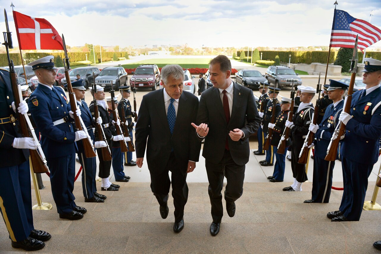 Defense Secretary Chuck Hagel, left, hosts an honor cordon to welcome Danish Defense Minister Nicolai Wammen to the Pentagon, Nov. 7, 2014. DoD photo by Glenn Fawcett