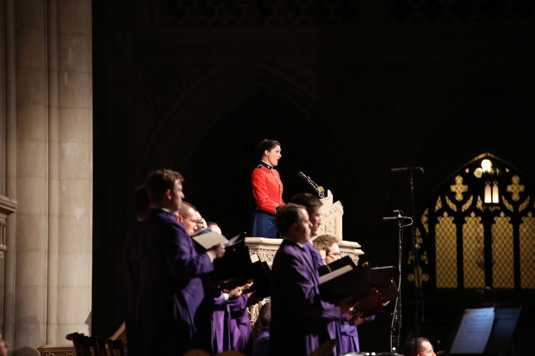 On Nov. 7, 2014, the Marine Chamber Orchestra and the Washington National Cathedral Choir performed a concert titled “Letters from War: A Tribute to Veterans” at the Washington National Cathedral. In addition to works such as John Williams’ Liberty Fanfare, The Lord is my Shepherd by John Rutter, and the Battle Hymn of the Republic, the moving tribute also included readings from letters sent from the font lines during the major conflicts of the past 100 years. Pictured, Gunnery Sgt. Sara Dell'Omo performing Thomas Knox's arrangement of At the River. (U.S. Marine Corps photo by Gunnery Sgt. Amanda Simmons/released) 