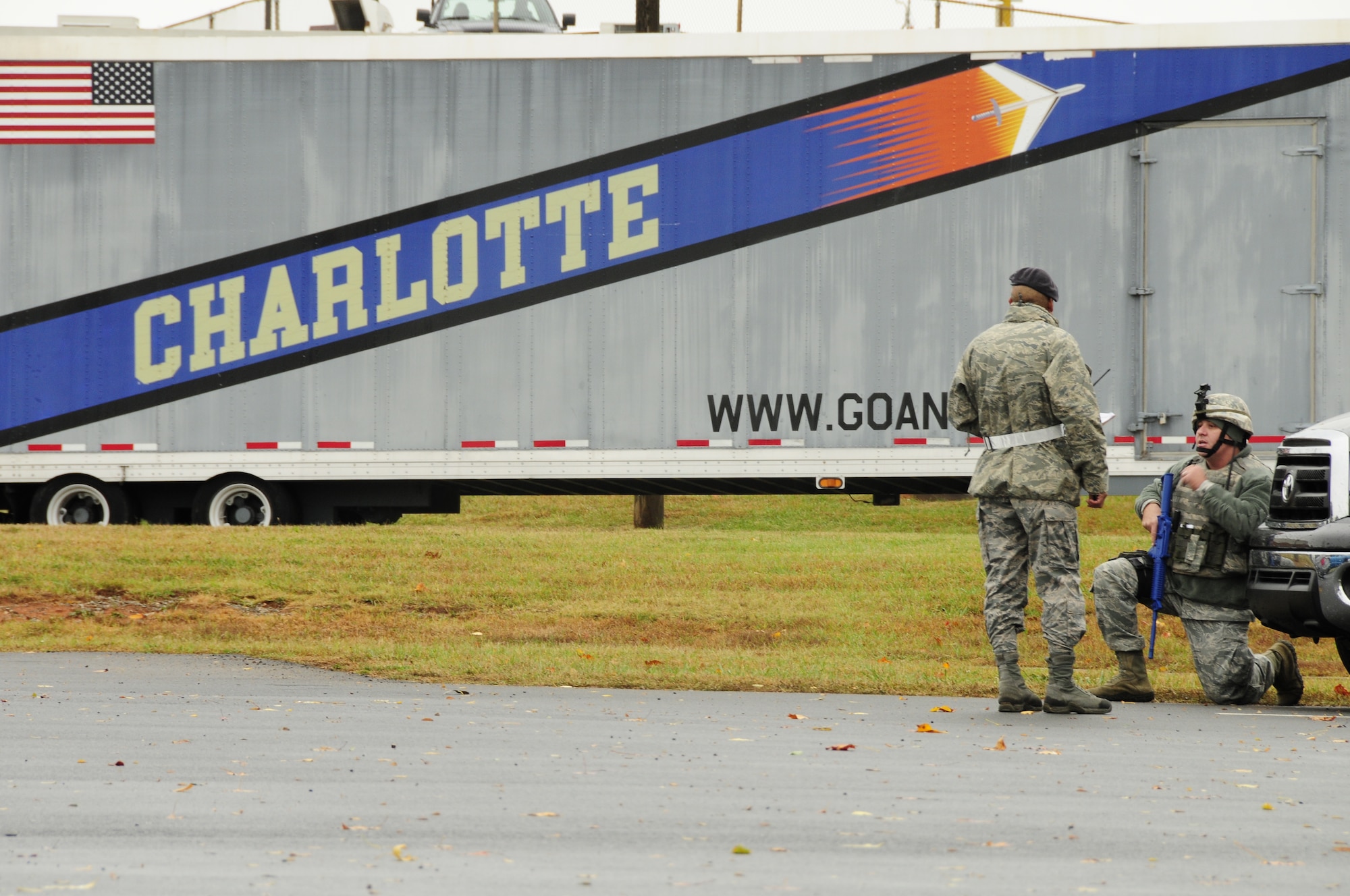 U.S. Air Force Staff Sgt. Justin M. Aycock is briefed by Senior Master Sgt. David Rodriguez, exercise inspector for the 145th Security Forces Squadron, during the 145th Airlift Wing’s annual Anti-Terrorism Exercise simulating a car bomb detonation inside the perimeter of the North Carolina Air National Guard Base, Charlotte Douglas Intl. Airport, Nov. 1, 2014. The exercise initiated force protection measures across the base and tested the Wing’s ability to respond accordingly. This is the first exercise of this magnitude for Aycock who has been stationed in the Air Guard since 2012. (U.S. Air National Guard photo by Senior Airman Laura J. Montgomery, 145th Public Affairs/Released)