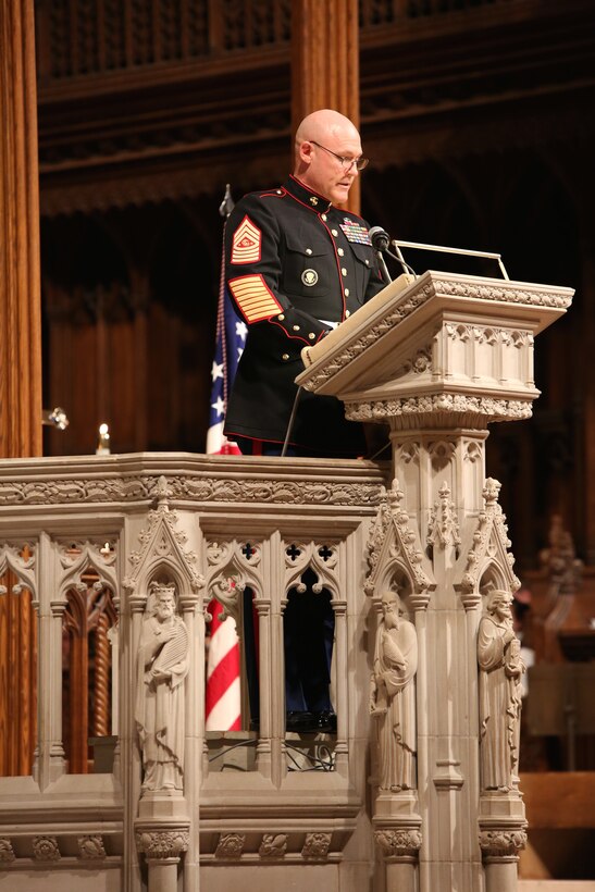 On Nov. 9, 2014, a brass and percussion ensemble from “The President’s Own,” conducted by Assistant Director 1st Lt. Ryan Nowlin, participated in a worship service in honor of the Marine Corps’ anniversary at the Washington National Cathedral in Washington, D.C. Pictured, Sergeant Major Michael P. Barrett, 17th Sergeant Major of the Marine Corps. (U.S. Marine Corps photo by Gunnery Sgt. Amanda Simmons/released) 