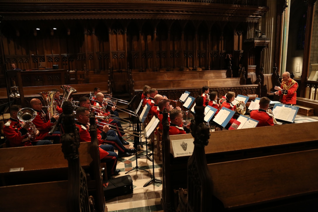 On Nov. 9, 2014, a brass and percussion ensemble from “The President’s Own,” conducted by Assistant Director 1st Lt. Ryan Nowlin, participated in a worship service in honor of the Marine Corps’ anniversary at the Washington National Cathedral in Washington, D.C. (U.S. Marine Corps photo by Gunnery Sgt. Amanda Simmons/released)