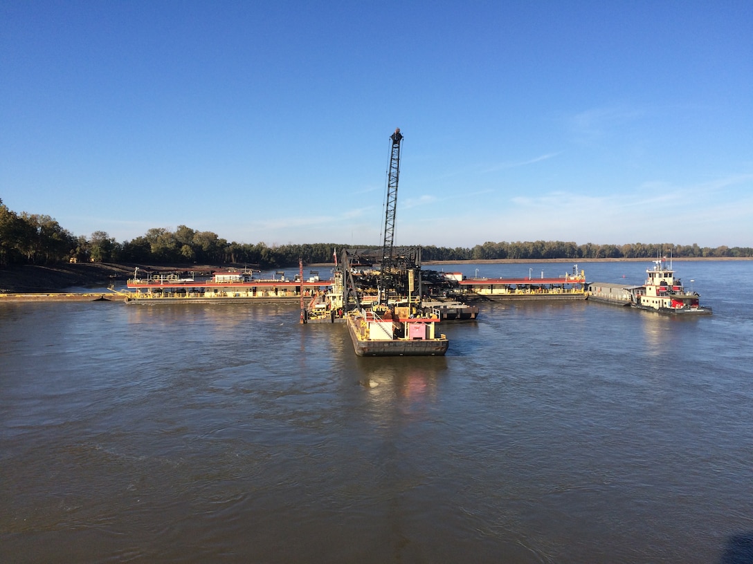 USACE Vicksburg District's Mat Sinking Unit performing revetment work at Mississippi River mile marker 632 near Fair Landing, Arkansas, 30 miles south of Helena, Arkansas.