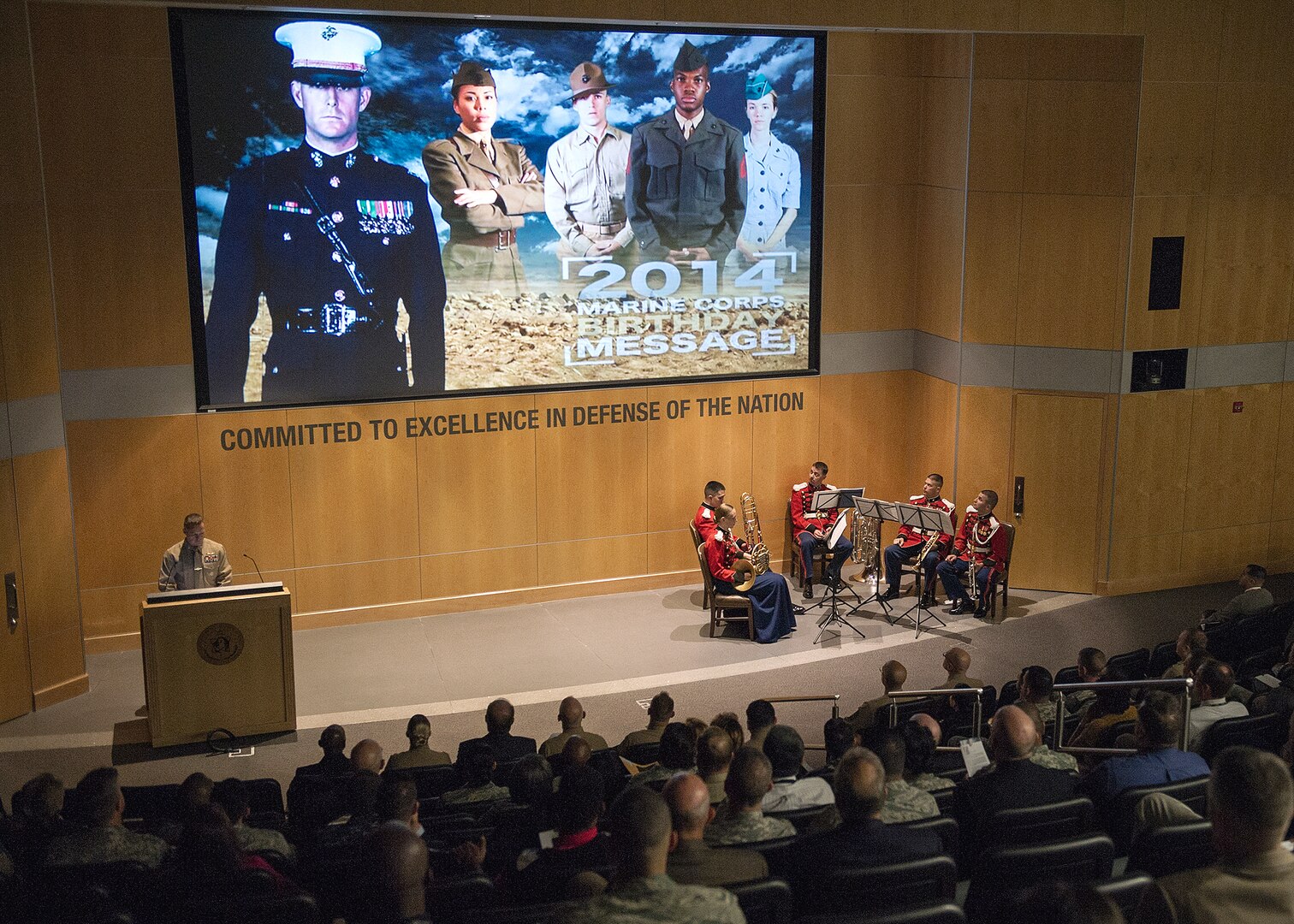 A birthday video featuring the Commandant and Sgt. Maj. of the Marine Corps is played during DIA's celebration of the 239th Marine Corps birthday.