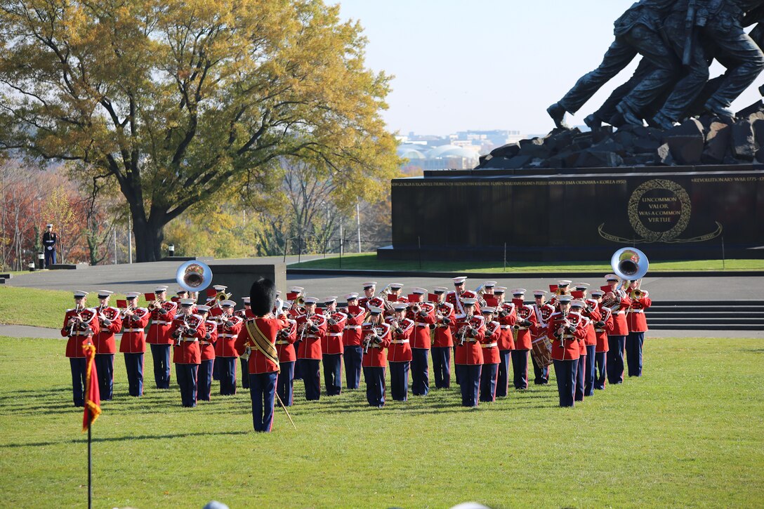 On Nov. 10, 2014, the Marine Band, led by Drum Major Master Sgt. Duane King, performed at the memorial ceremony commemorating the 239th anniversary of the United States Marine Corps at the Marine Corps War Memorial in Arlington, Va. Marine Corps Commandant Gen. Joseph Dunford Jr. and guest of honor Virginia Senator Tim Kaine spoke and layed a wreath in honor of all Marines who have given their lives in service of the country since 1775.  (U.S. Marine Corps photo by Master Sgt. Kristin duBois/released)