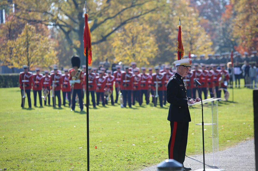 On Nov. 10, 2014, the Marine Band, led by Drum Major Master Sgt. Duane King, performed at the memorial ceremony commemorating the 239th anniversary of the United States Marine Corps at the Marine Corps War Memorial in Arlington, Va. Marine Corps Commandant Gen. Joseph Dunford Jr. and guest of honor Virginia Senator Tim Kaine spoke and layed a wreath in honor of all Marines who have given their lives in service of the country since 1775.  (U.S. Marine Corps photo by Master Sgt. Kristin duBois/released)